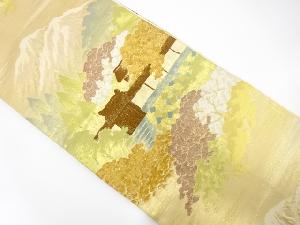 アンティーク　山並に寺院風景模様織り出し袋帯(材料)